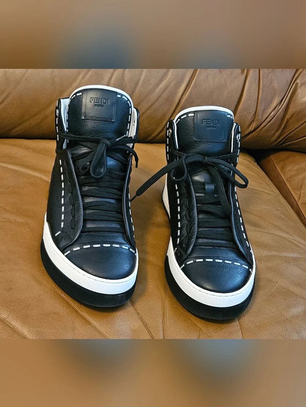 Men's Fendi Black Leather Designer High-End Sneakers Size 7 US